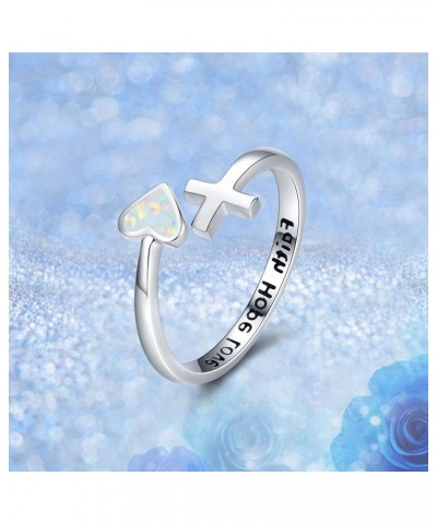 S925 Sterling Silver Love Heart Ring Engraved Faith Hope Love Blue/White Open Adjustable Opal Wrap Rings Inspirational Jewelr...