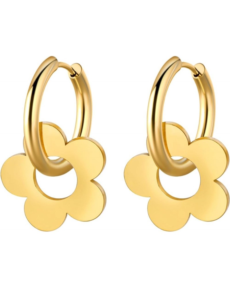 Stainless Steel Hoop Earrings Drop Dangle Earrings Jewellery Gifts for Women Girls Five Petal Flower - Gold $8.84 Earrings