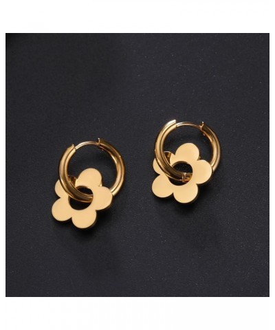 Stainless Steel Hoop Earrings Drop Dangle Earrings Jewellery Gifts for Women Girls Five Petal Flower - Gold $8.84 Earrings