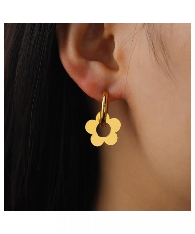 Stainless Steel Hoop Earrings Drop Dangle Earrings Jewellery Gifts for Women Girls Five Petal Flower - Gold $8.84 Earrings