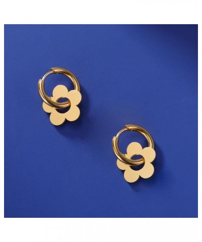 Stainless Steel Hoop Earrings Drop Dangle Earrings Jewellery Gifts for Women Girls Five Petal Flower - Gold $8.84 Earrings