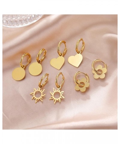 Stainless Steel Hoop Earrings Drop Dangle Earrings Jewellery Gifts for Women Girls Five Petal Flower - Gold $8.84 Earrings