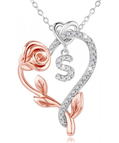 925 Sterling Silver Rose Heart Initial Necklace - Dainty Jewelry with 5A Cubic Zirconia, Perfect for Valentine's Day, Mother'...