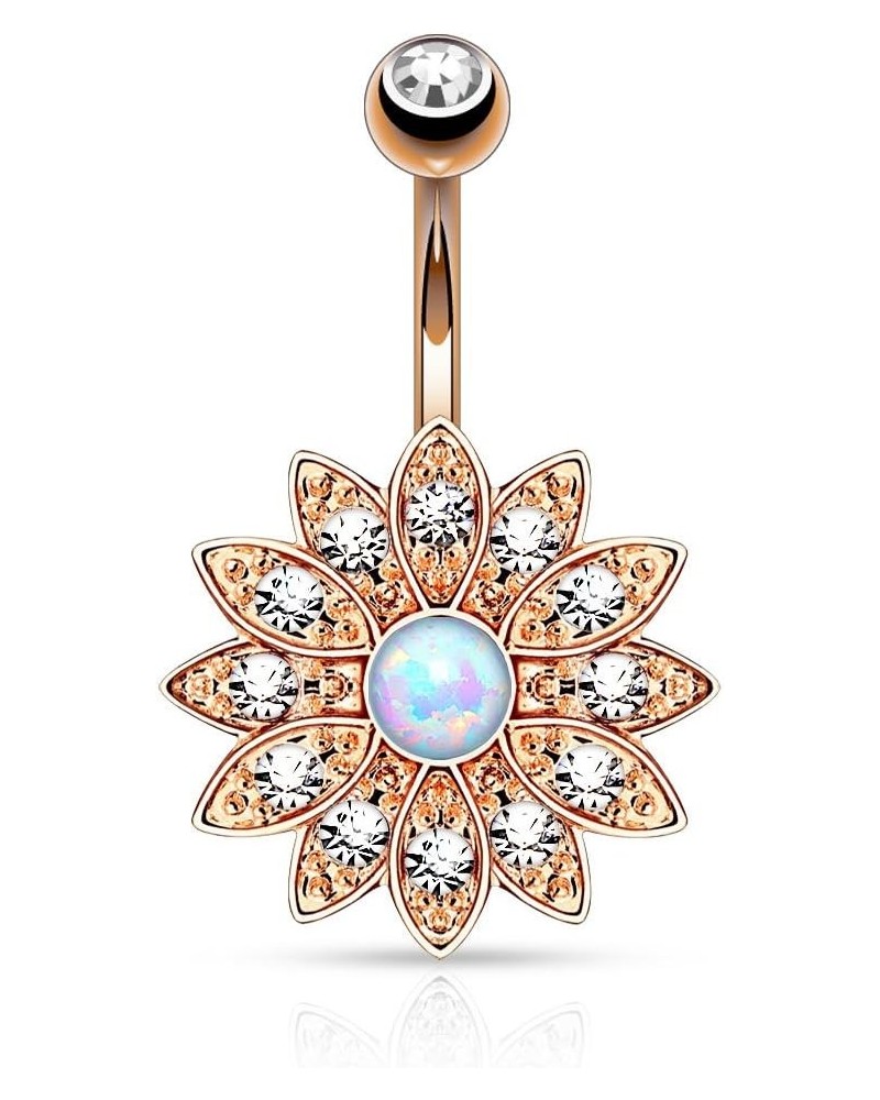 CZ Crystal Pave Flower with Opalite Gemstone Center Belly Button Ring Rose Gold Plated Clear CZ $10.99 Body Jewelry