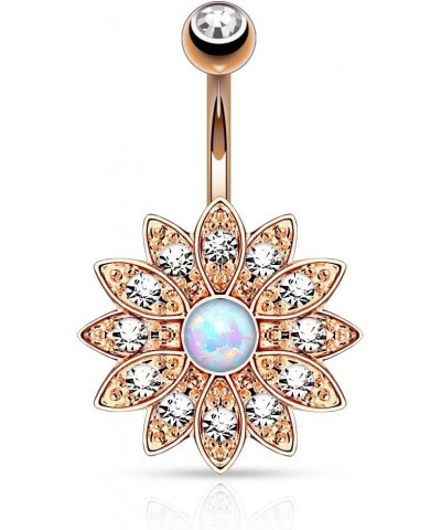 CZ Crystal Pave Flower with Opalite Gemstone Center Belly Button Ring Rose Gold Plated Clear CZ $10.99 Body Jewelry