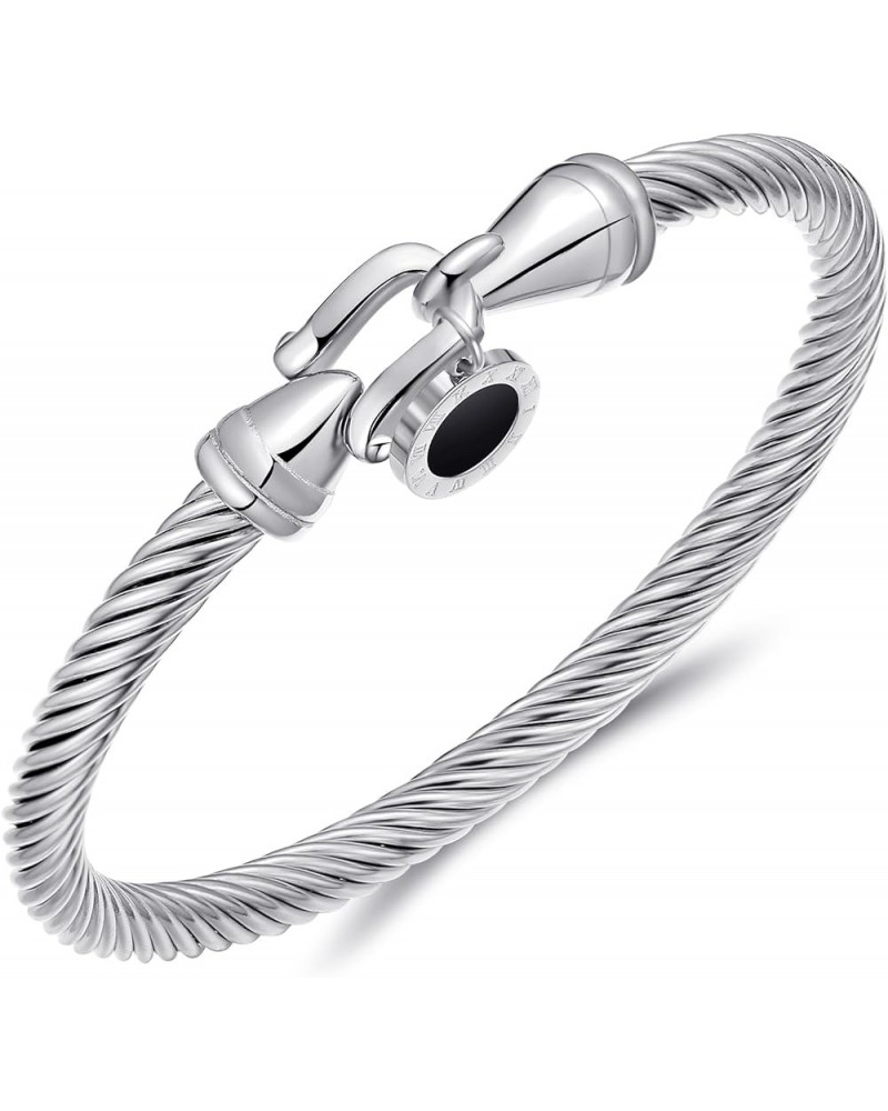 Stainless Steel Twisted Cable Wire Bracelets with Hook Clasp Stylish Roman Digital Bangle Bracelet for Women Girls… silver $1...