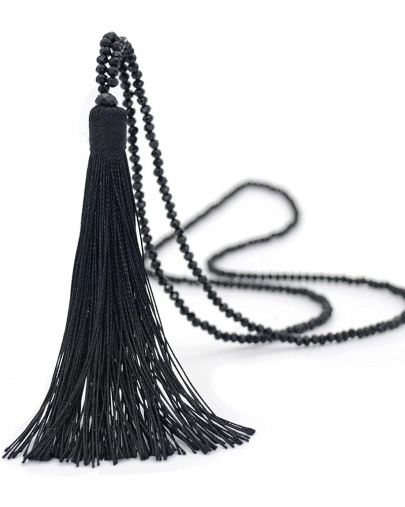 Handmade Woven Layered Y shaped Long Tassel Fringe Crystal Beads Pendant Necklace for Women Girls Jewelry black $6.75 Necklaces