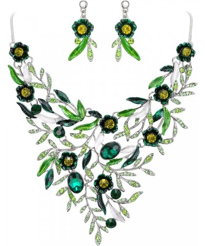 Wedding Bridal Leaf Cluster Jewelry Set for Women Crystal Flower Enamel Statement Necklace Dangle Earrings Emerald Color Silv...