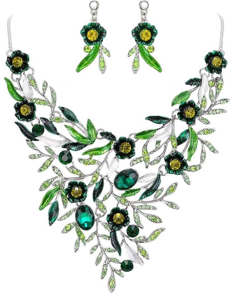 Wedding Bridal Leaf Cluster Jewelry Set for Women Crystal Flower Enamel Statement Necklace Dangle Earrings Emerald Color Silv...