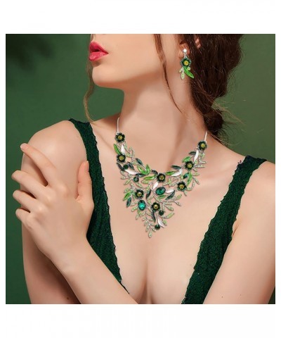 Wedding Bridal Leaf Cluster Jewelry Set for Women Crystal Flower Enamel Statement Necklace Dangle Earrings Emerald Color Silv...