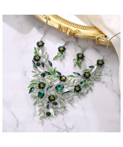 Wedding Bridal Leaf Cluster Jewelry Set for Women Crystal Flower Enamel Statement Necklace Dangle Earrings Emerald Color Silv...