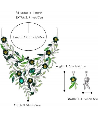 Wedding Bridal Leaf Cluster Jewelry Set for Women Crystal Flower Enamel Statement Necklace Dangle Earrings Emerald Color Silv...