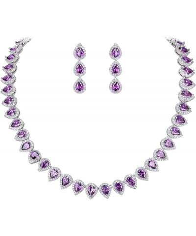 Women's Silver-Tone Full Prong Cubic Zirconia Teardrop Bridal Necklace Earrings Set 05-Amethyst Color $18.80 Jewelry Sets