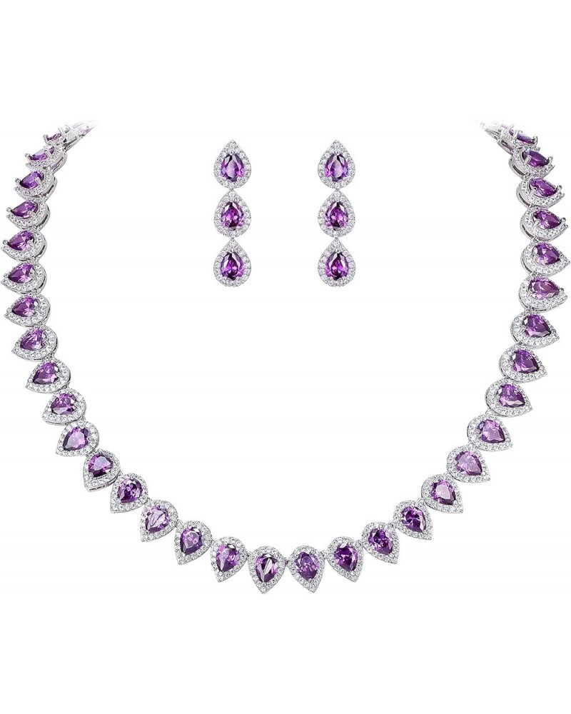 Women's Silver-Tone Full Prong Cubic Zirconia Teardrop Bridal Necklace Earrings Set 05-Amethyst Color $18.80 Jewelry Sets