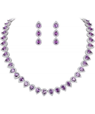 Women's Silver-Tone Full Prong Cubic Zirconia Teardrop Bridal Necklace Earrings Set 05-Amethyst Color $18.80 Jewelry Sets