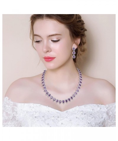 Women's Silver-Tone Full Prong Cubic Zirconia Teardrop Bridal Necklace Earrings Set 05-Amethyst Color $18.80 Jewelry Sets