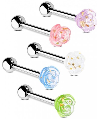 5Pcs Tongue Rings 14g Tongue Piercing Jewelry Surgical Steel Tongue Barbell Acrylic Flower Tongue Bar for Women Men flower $1...