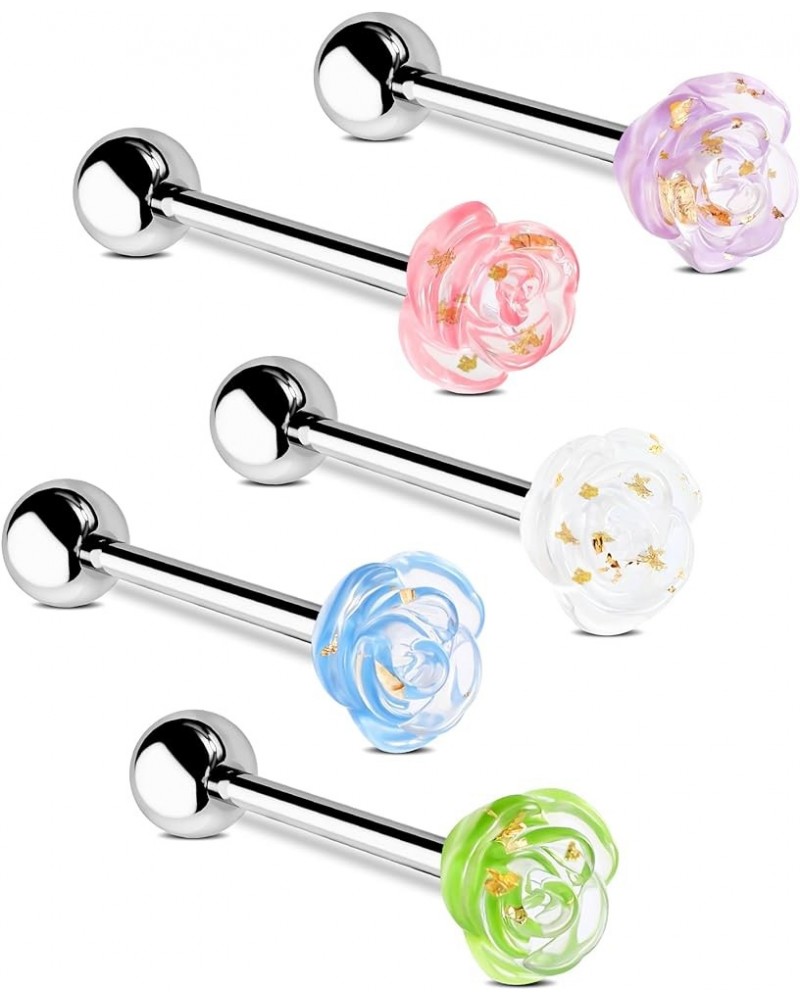 5Pcs Tongue Rings 14g Tongue Piercing Jewelry Surgical Steel Tongue Barbell Acrylic Flower Tongue Bar for Women Men flower $1...