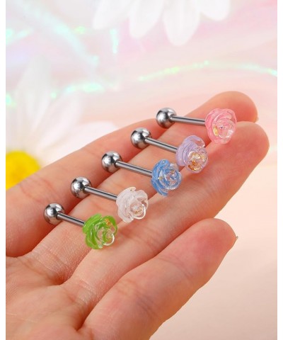 5Pcs Tongue Rings 14g Tongue Piercing Jewelry Surgical Steel Tongue Barbell Acrylic Flower Tongue Bar for Women Men flower $1...