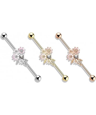 14 Gauge CZ and Enamel Flower Bouquet Industrial Barbell 316L Surgical Stainelss Steel (Choose Color) Rose Gold/Clear $6.53 B...