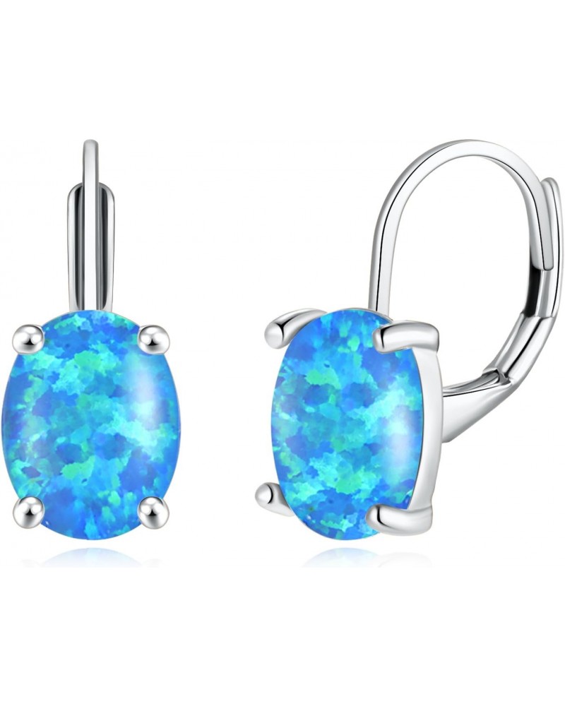 Oval Cut Opal Drop Dangle Earrings for Women Trendy 14K White Gold Plated Blue Fire Opal Rhodium Plated Leverback Gemstone Dr...