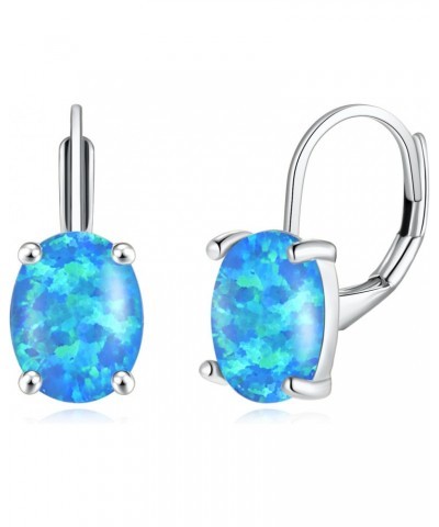 Oval Cut Opal Drop Dangle Earrings for Women Trendy 14K White Gold Plated Blue Fire Opal Rhodium Plated Leverback Gemstone Dr...