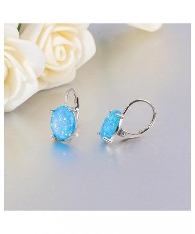 Oval Cut Opal Drop Dangle Earrings for Women Trendy 14K White Gold Plated Blue Fire Opal Rhodium Plated Leverback Gemstone Dr...