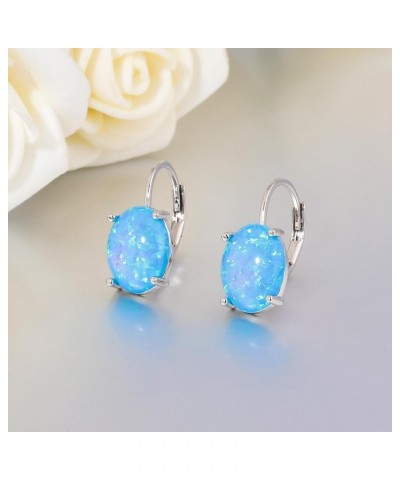 Oval Cut Opal Drop Dangle Earrings for Women Trendy 14K White Gold Plated Blue Fire Opal Rhodium Plated Leverback Gemstone Dr...