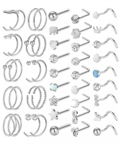 27-60 Pcs Nose Rings for Women Nose Piercing Jewelry Silver Nose Rings Studs 20G Surgical Nose Rings Hoops Nose Rings L Shape...