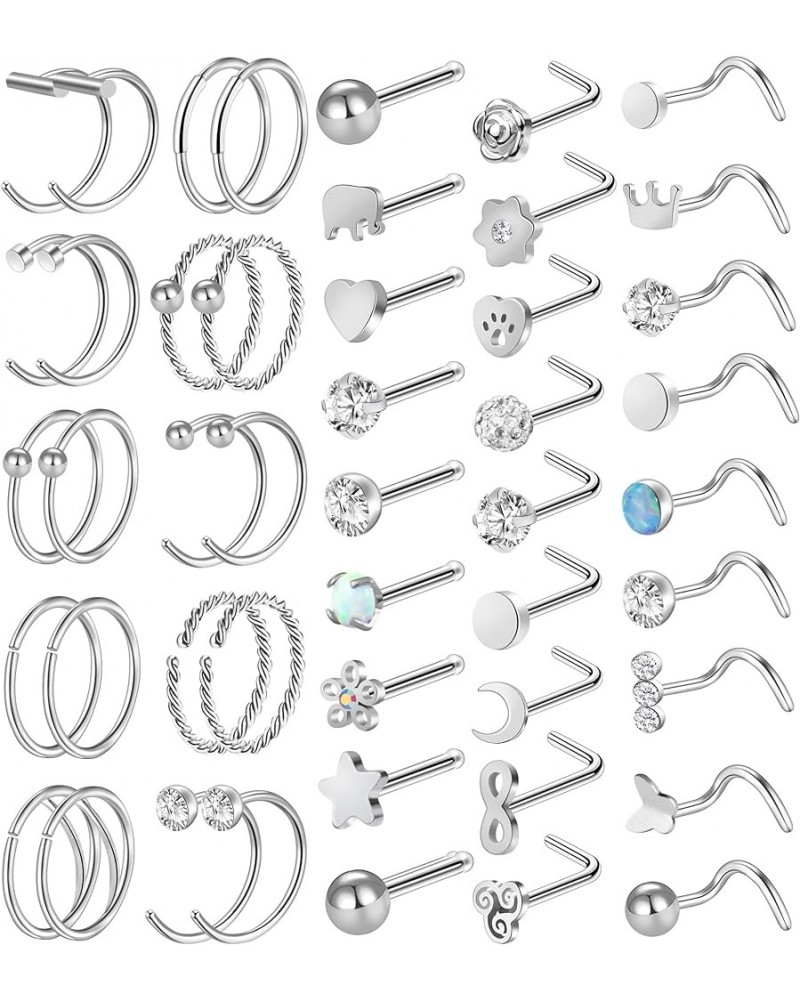 27-60 Pcs Nose Rings for Women Nose Piercing Jewelry Silver Nose Rings Studs 20G Surgical Nose Rings Hoops Nose Rings L Shape...