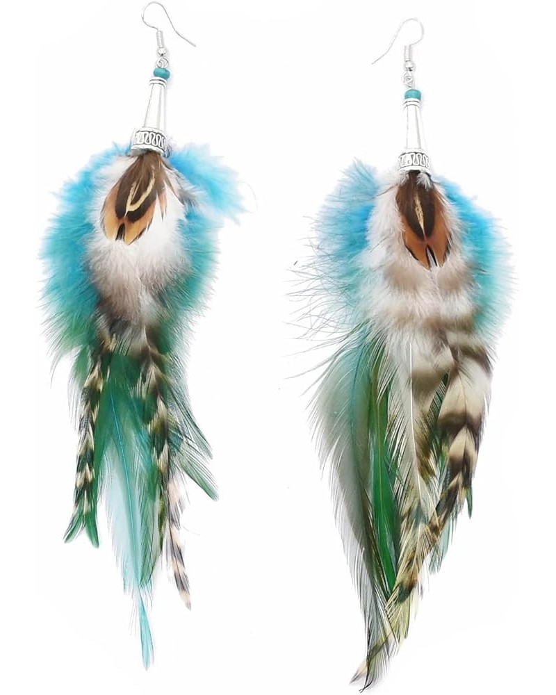 Punk Vintage Long Tassel Feather Beads Drop Wolf Tooth Pendant Earring Fish Hook Earrings New blue B $9.27 Earrings