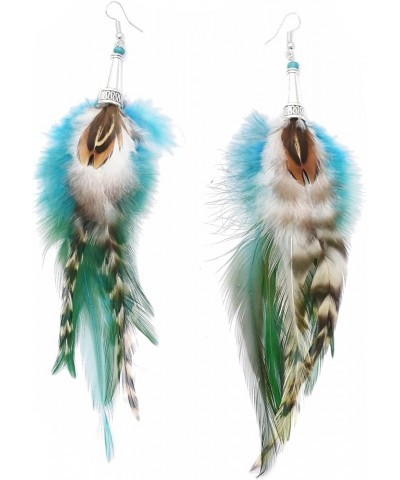 Punk Vintage Long Tassel Feather Beads Drop Wolf Tooth Pendant Earring Fish Hook Earrings New blue B $9.27 Earrings