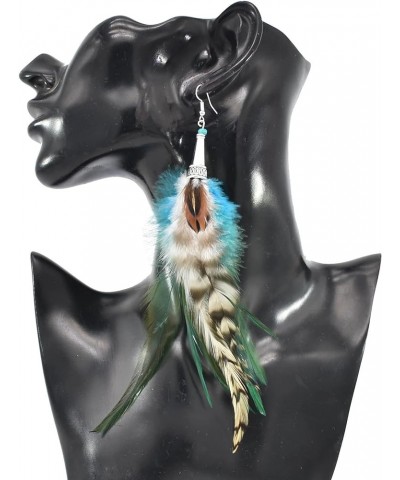 Punk Vintage Long Tassel Feather Beads Drop Wolf Tooth Pendant Earring Fish Hook Earrings New blue B $9.27 Earrings