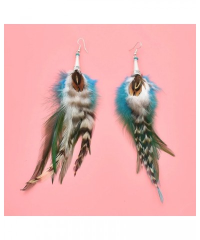 Punk Vintage Long Tassel Feather Beads Drop Wolf Tooth Pendant Earring Fish Hook Earrings New blue B $9.27 Earrings