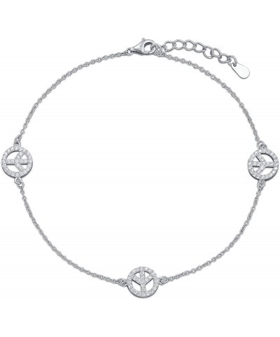 Aum Om Ohm Symbol 3 Multi CZ Peace Sign Anklet Charm Anklet Link Ankle Bracelet For Women .925 Sterling Silver Adjustable 9 T...