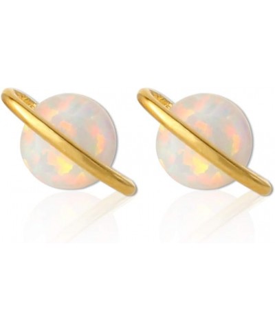 White Opal Planet Earrings Plated Brass Studs Gold $11.52 Earrings