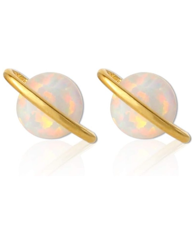 White Opal Planet Earrings Plated Brass Studs Gold $11.52 Earrings