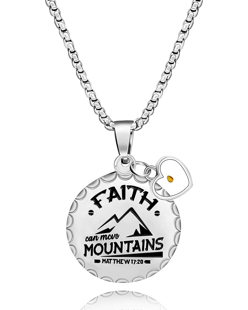 Stainless Steel Christian Coin Pendant Necklace Faith Can Move Mountains Matthew 17:20 with Mustard Seed Charms Heart $8.24 N...