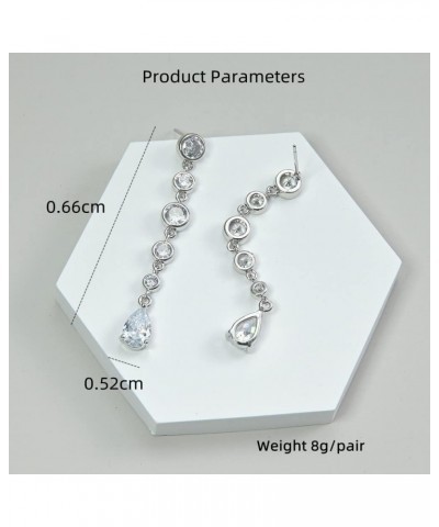 Long CZ Bezel Chain Earrings Cubic Zirconia Teadrop Dangle Earring for Women Girls White Gold Plated Round Crystal Charms Dro...