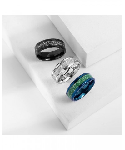 MZZJ Personalized His Hers Couple Rings 8MM Silver Imitated Meteorite Inlay Polish Stainless Steel Flat Bevel Edges Engagemen...