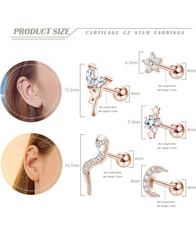 Cartilage Stud Earrings for Women Stainless Steel CZ Flower Moon Star Snake Cartilage Earrings Conch Helix Tragus Piercings J...