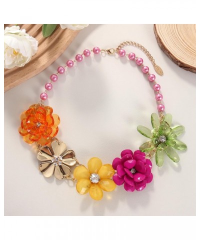 5 Flower Braided Crystal Statement Chunky Necklace Bib Collar Flower Pearl Jewelry for Women Magenta Haze $11.23 Necklaces