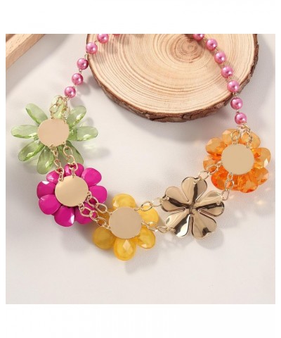 5 Flower Braided Crystal Statement Chunky Necklace Bib Collar Flower Pearl Jewelry for Women Magenta Haze $11.23 Necklaces