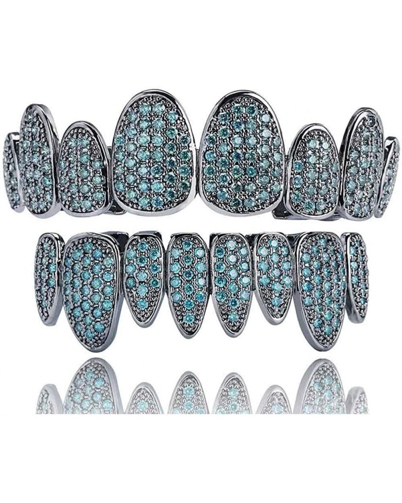 18K Gold Plated Iced Out Simulated Diamond Grills for Your Teeth with Molding Bars Aquamarine Set $16.42 Body Jewelry