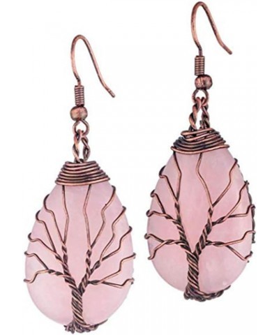 Copper Plated Wire Wrap Tree Of Life Amethysts Stone Water Drop Earrings Rose Pink Quartz Jewelry Rock Crystal $12.94 Earrings