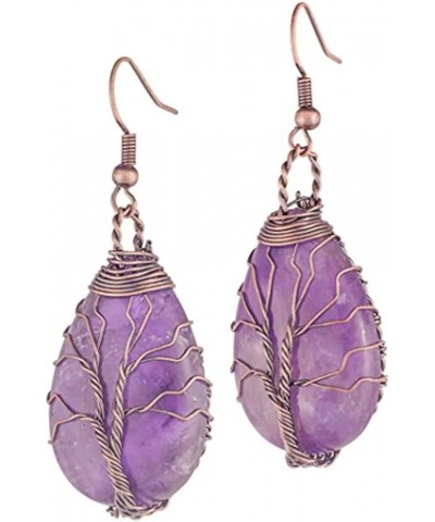 Copper Plated Wire Wrap Tree Of Life Amethysts Stone Water Drop Earrings Rose Pink Quartz Jewelry Rock Crystal $12.94 Earrings