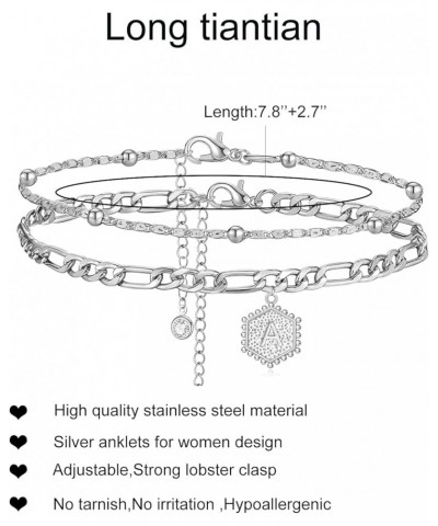 Silver Initial Anklet for Women Layered Beaded Hexagon Letter Ankle Silver Cuban Link Anklet Bracelet for Women Men Dainty Le...