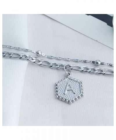 Silver Initial Anklet for Women Layered Beaded Hexagon Letter Ankle Silver Cuban Link Anklet Bracelet for Women Men Dainty Le...