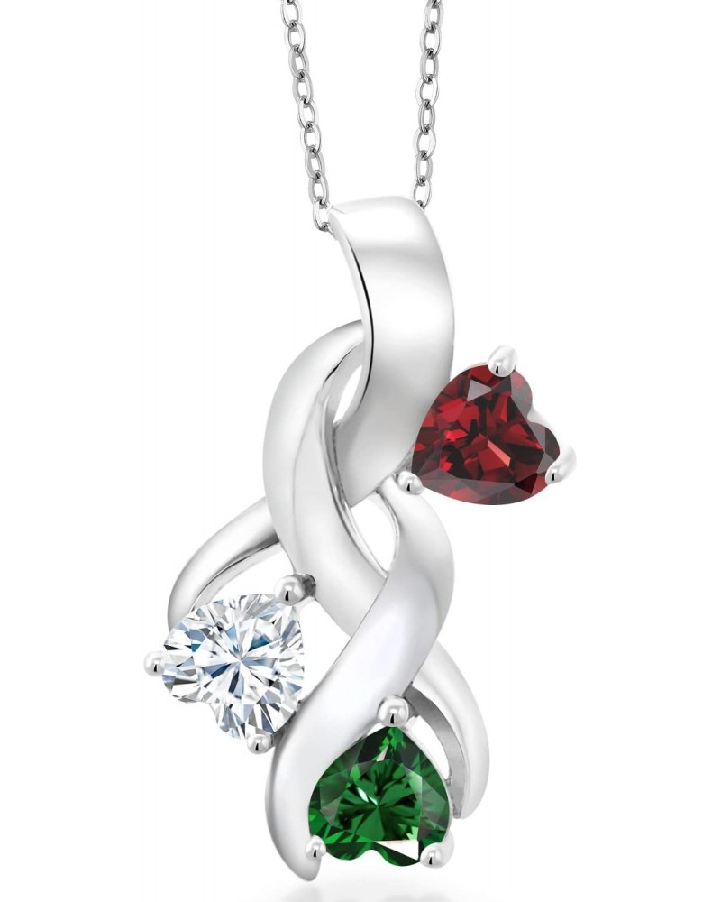 925 Sterling Silver Red Garnet and White Moissanite and Green Nano Emerald Pendant For Women (1.52 Cttw, Gemstone January Bir...